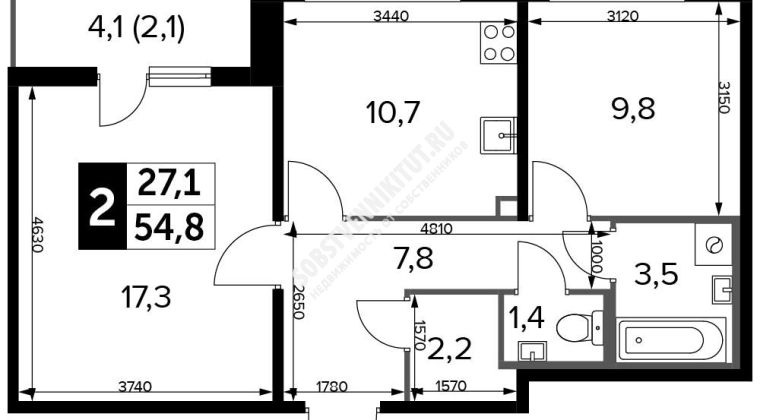 Объявление 2-к квартира, 54.7м2, 25/25 эт