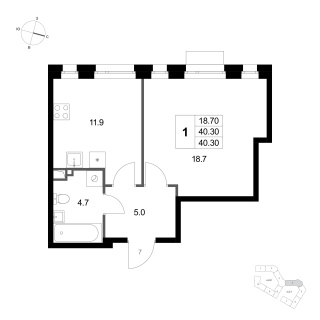 Объявление 1-к квартира, 40.3м2, 3/3 эт