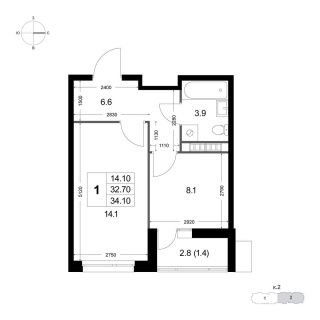 Объявление 1-к квартира, 32.8м2, 3/8 эт