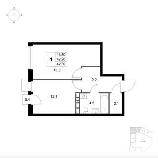 Объявление 1-к квартира, 42.3м2, 4/7 эт