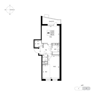 Объявление 2-к квартира, 53.8м2, 2/8 эт