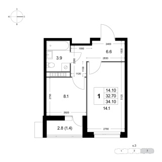 Объявление 1-к квартира, 32.8м2, 3/8 эт