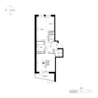 Объявление 2-к квартира, 53.7м2, 6/8 эт