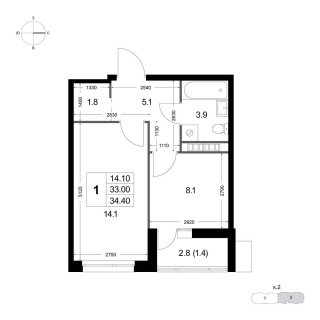 Объявление 1-к квартира, 32.9м2, 7/8 эт