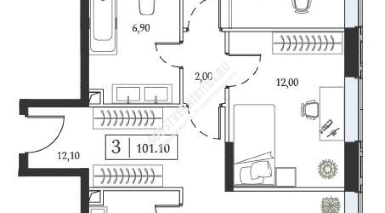 Объявление 3-к квартира, 101.1м2, 2/6 эт