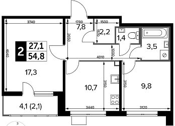 Объявление 2-к квартира, 54.7&nbsp;м&sup2;, 17/25 эт.
