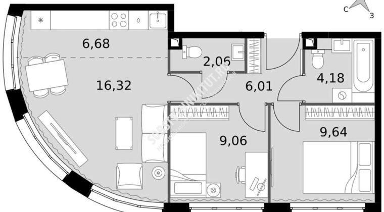 Объявление 3-к квартира, 54м2, 2/15 эт