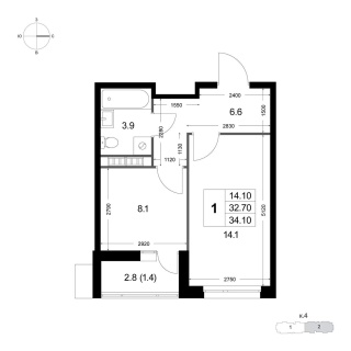 Объявление 1-к квартира, 32.7м2, 2/8 эт