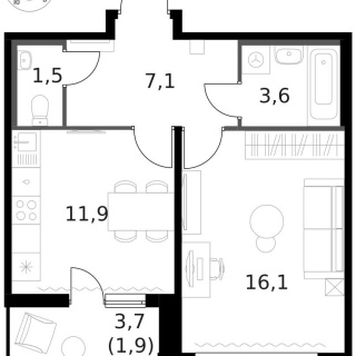 Объявление 1-к квартира, 42.2м2, 13/14 эт