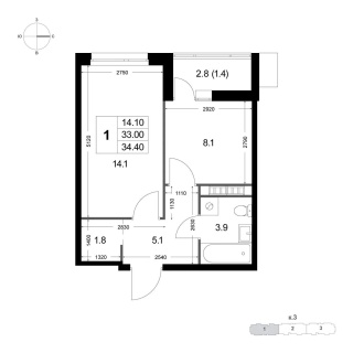 Объявление 1-к квартира, 33м2, 6/8 эт