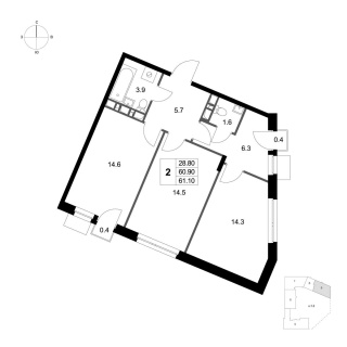 Объявление 2-к квартира, 61.1м2, 2/4 эт