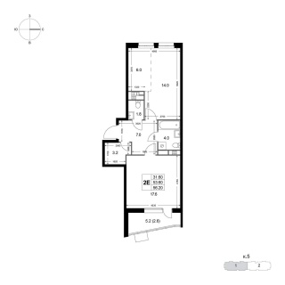 Объявление 2-к квартира, 53.7м2, 2/8 эт