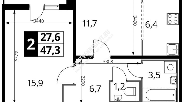Объявление 2-к квартира, 47.4м2, 22/24 эт