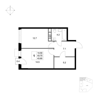 Объявление 1-к квартира, 43.8м2, 2/4 эт
