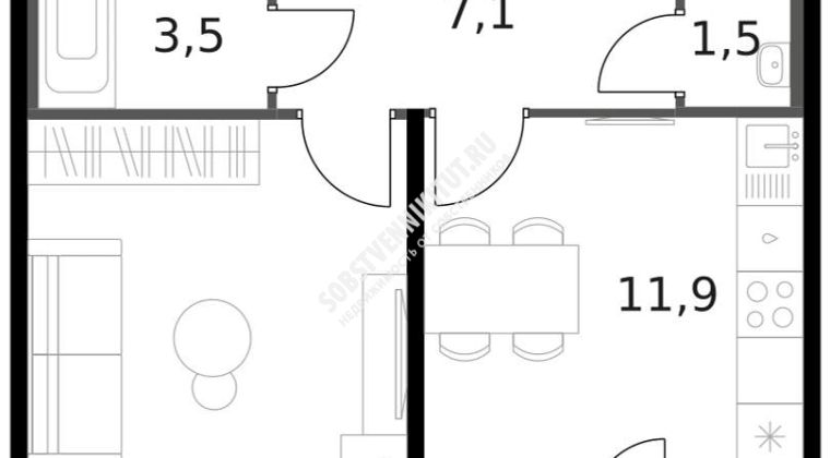 Объявление 1-к квартира, 42.1м2, 9/13 эт
