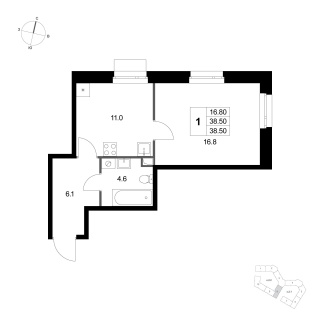 Объявление 1-к квартира, 38.5м2, 1/3 эт
