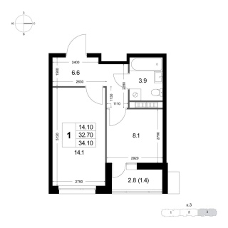 Объявление 1-к квартира, 32.7м2, 3/8 эт