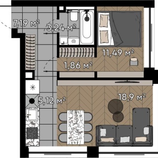 Объявление 2-к квартира, 47.8м2, 5/16 эт