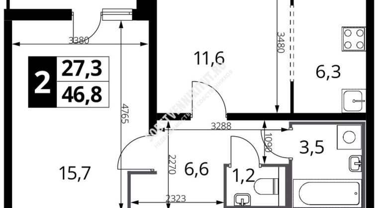 Объявление 2-к квартира, 46.9м2, 2/24 эт