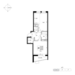Объявление 2-к квартира, 53.6м2, 3/8 эт