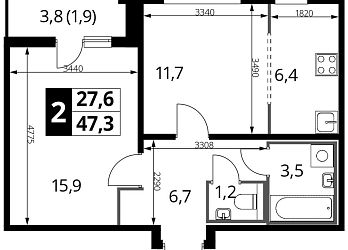 Объявление 2-к квартира, 47.4&nbsp;м&sup2;, 24/24 эт.