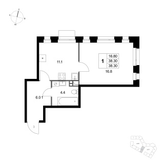 Объявление 1-к квартира, 38.3м2, 3/3 эт
