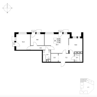 Объявление 3-к квартира, 77.9м2, 4/7 эт
