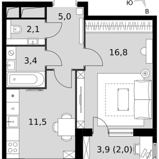 Объявление 1-к квартира, 40.7м2, 8/16 эт