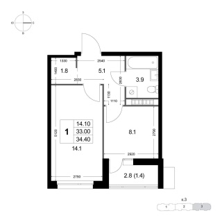 Объявление 1-к квартира, 33м2, 6/8 эт