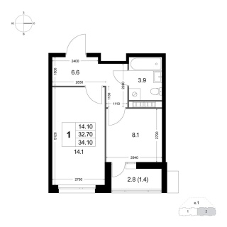 Объявление 1-к квартира, 32.7м2, 7/8 эт
