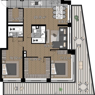 Объявление 4-к квартира, 125.84м2, 1/16 эт