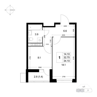 Объявление 1-к квартира, 32.7м2, 4/8 эт