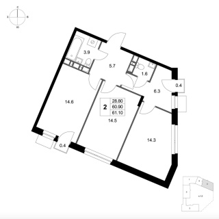 Объявление 2-к квартира, 61.1м2, 2/7 эт