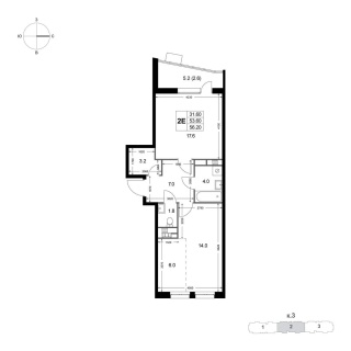 Объявление 2-к квартира, 53.4м2, 4/8 эт