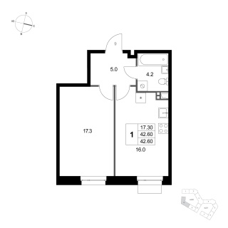 Объявление 1-к квартира, 42.6м2, 1/3 эт