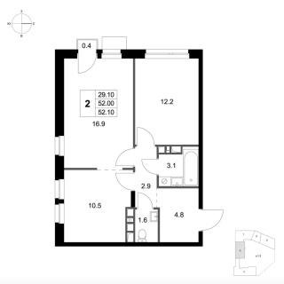 Объявление 2-к квартира, 52.1м2, 4/7 эт
