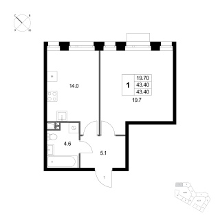 Объявление 1-к квартира, 43.4м2, 3/4 эт