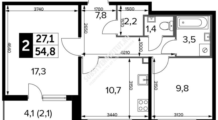 Объявление 2-к квартира, 54.7м2, 21/25 эт