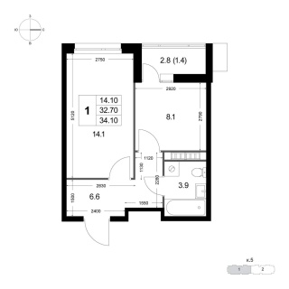 Объявление 1-к квартира, 32.8м2, 8/8 эт