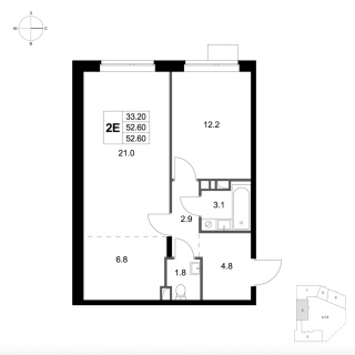 Объявление 2-к квартира, 52.6м2, 1/7 эт