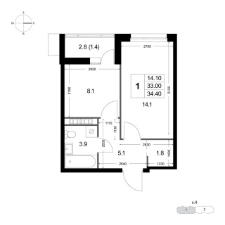 Объявление 1-к квартира, 32.9м2, 8/8 эт