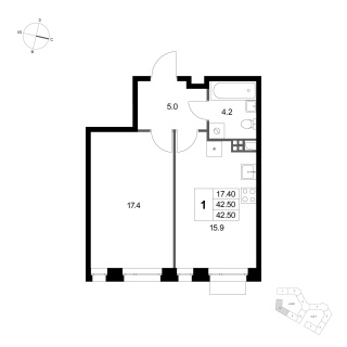Объявление 1-к квартира, 42.3м2, 3/4 эт