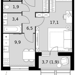 Объявление 1-к квартира, 40.7м2, 9/16 эт