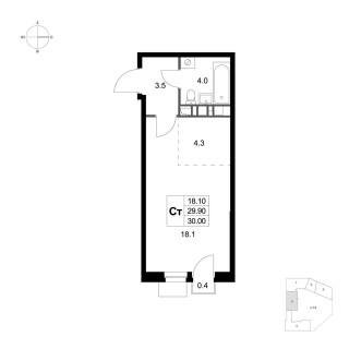Объявление Студия, 30м2, 3/4 эт