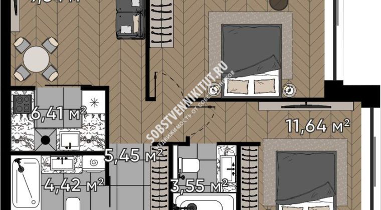 Объявление 3-к квартира, 56.99м2, 3/16 эт