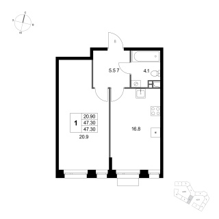 Объявление 1-к квартира, 47.3м2, 3/3 эт