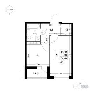 Объявление 1-к квартира, 32.9м2, 8/8 эт