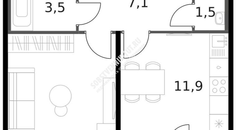 Объявление 1-к квартира, 42.1м2, 12/13 эт
